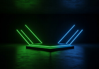 Dynamic neon stage with vibrant green and blue lights, perfect for futuristic product reveals or gaming events.