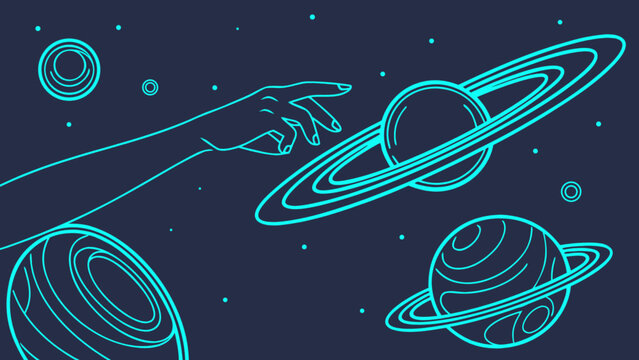 Illustration of planets in space with hand touching saturn for astronomy and science education content