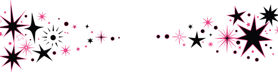 Pink and black starburst, sparkling stars, decorative cosmic design, abstract star pattern, retro stars, cosmic sparkle, starry border illustration