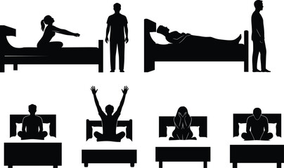 Morning routine silhouette vector, black bed posture icons, meditation and stretching poses, sleep and wake-up clipart, wellness lifestyle illustration set