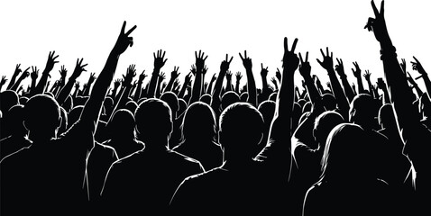 Silhouette crowd raising hands, unity protest illustration, peace sign vector, people gathering artwork, activism concept, black and white graphic, demonstration scene
