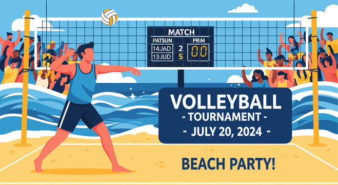 Exciting beach volleyball tournament illustration featuring player and cheering crowd atmosphere