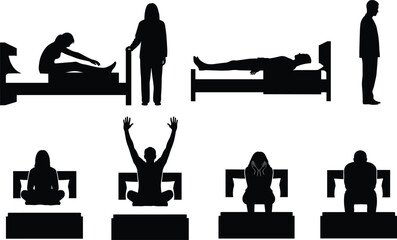 Silhouette people in emotional, meditative, and resting poses, sitting on bed, cross-legged, stretching, lying down, reflecting, isolated black vector illustration