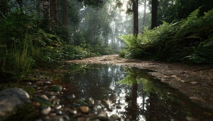Fototapeta premium A sunlit forest path reflecting in a puddle