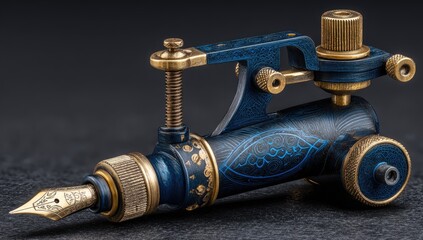 Detailed close-up of a custom-built tattoo machine, featuring intricate blue and gold decorative etching.  It's a precision instrument, showcasing fine mechanical artistry