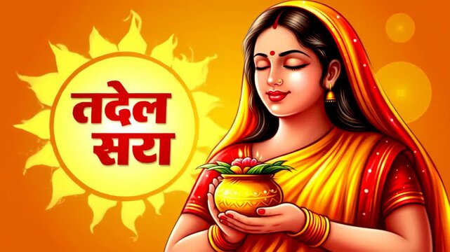 Illustration of a woman in traditional attire holding a pot during chhath puja, with the text tadel sara and a sun symbol in the background chhath puja