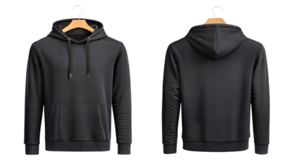 High-quality, professional mockup of a blank black hoodie, displayed both front and back on a wooden hanger against a pure white background.