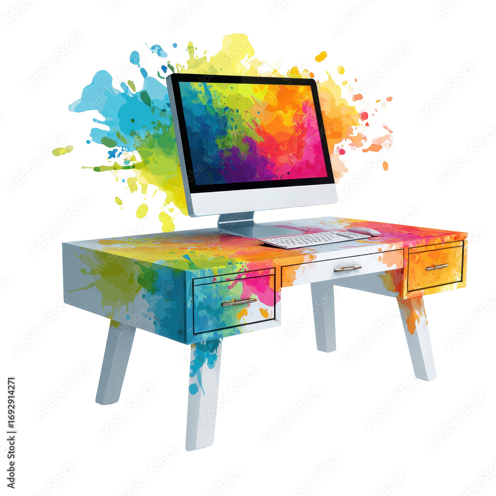 Poster creative workspace featuring a colorful desk design with a vibrant computer setup and artistic eleme