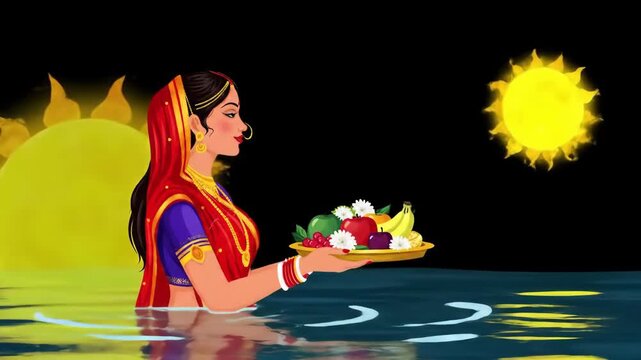 A woman in traditional indian attire stands in water, offering fruits to the sun during the chhath puja festival, set against a dark background chhath puja