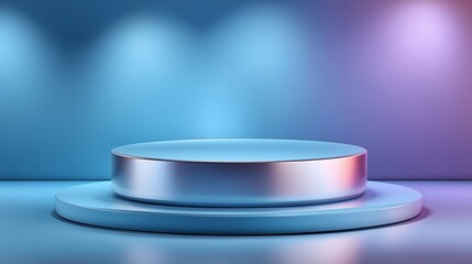 a minimalist realistic circular platform clean background with a smooth gradient in a cool cyan and a subtle violet, professional studio lighting with a central spotlight