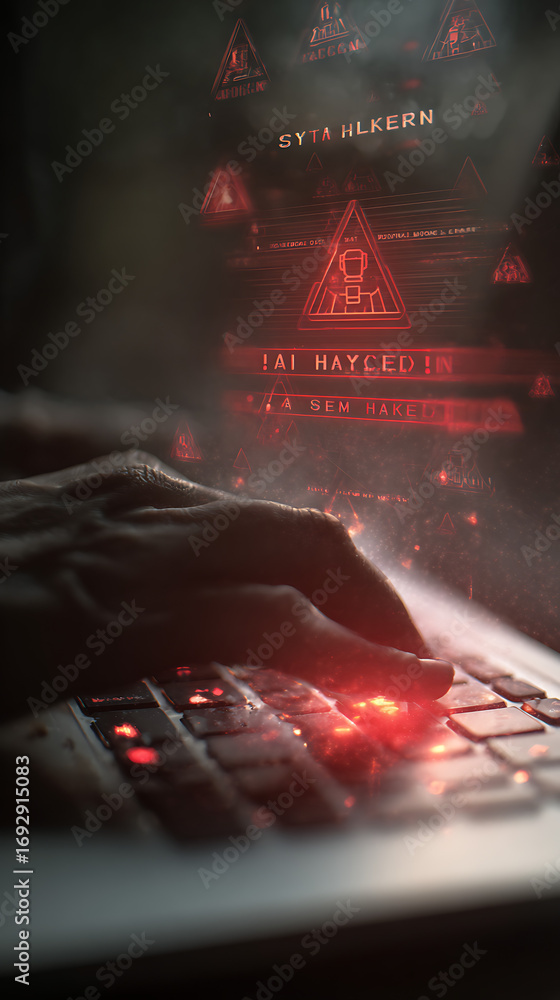 Poster cyber attack warning red digital interface with human hand typing on keyboard hacking warning signs