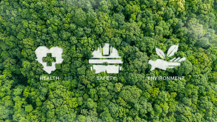 HSE Health, Safety, Environment Concepts that focus on accident prevention, environmental protection, health safety for businesses and organizations. HSE icon symbol, bird's eye view of lush forest.