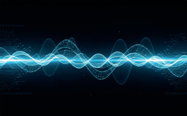 Vibrant blue sound wave or data stream oscillating across a dark background, representing audio or digital information