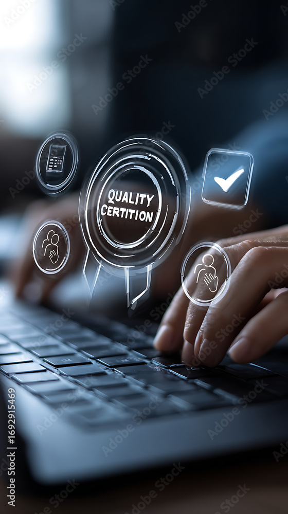 Aufkleber digital certification process with quality assurance icons and human hands typing on a keyboard tech