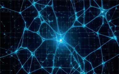Obraz premium Neural network visualization with glowing blue nodes and connections, representing artificial intelligence and brain activity