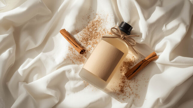 Frosted Flask With Blank Label On White Drapes With Cassia Quills And Spice Dust. Minimal Spice Flask