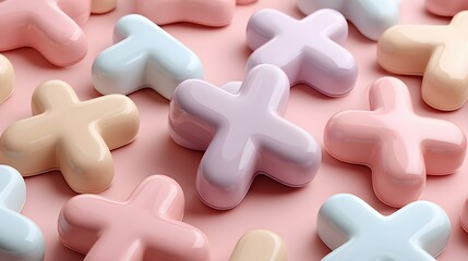 Obraz premium A collection of pastel-colored plus signs arranged on a soft pink background.