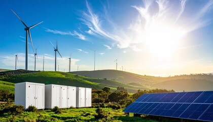 vast outdoor landscape featuring a modern Battery Energy Storage System (BESS) with wind and solar