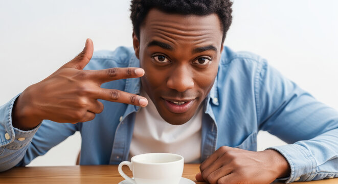 African American man in casual blue shirt playfully poses with coffee cup on wooden table, showcasing a friendly atmosphere and engaging personality with a lighthearted expression