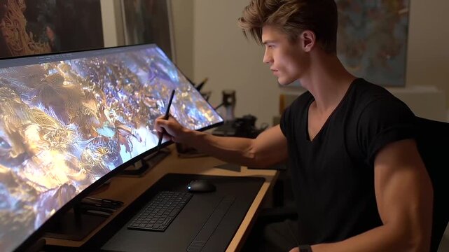 3D Male Artist Creating Models in Dark Room with ZBrush