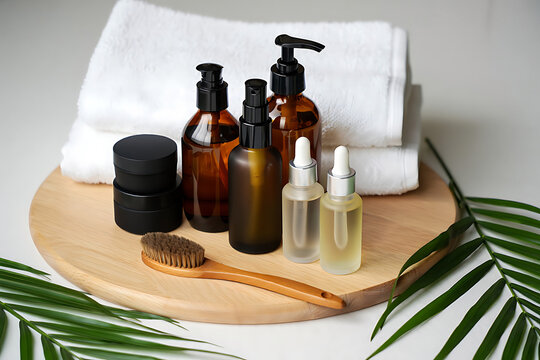 Elegant Spa Still Life with Amber Glass Bottles Towels and Tropical Palm Leaves for Wellness and Beauty Concepts