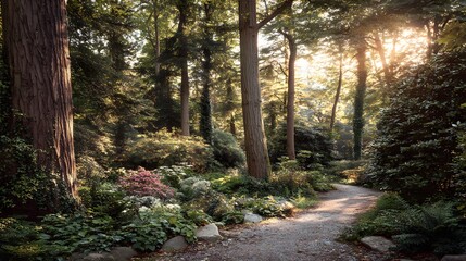 Obraz premium A sun-drenched path winds through a lush garden, bathed in golden sunlight filtering through the trees.