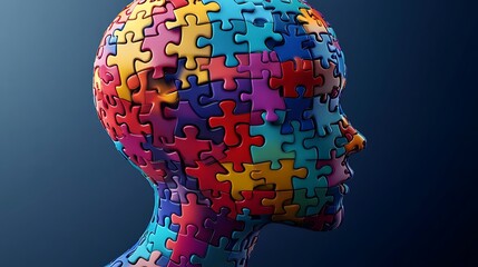 Colorful puzzle pieces forming a human profile on a deep blue gradient background photo