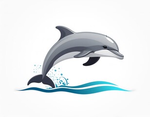 Illustration of a dolphin leaping out of the water with stylized waves and splash effects against a white background.