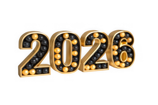 The year 2026 represented in bold, illuminated marqueestyle numbers, symbolizing the future and new beginnings isolated on transparent background