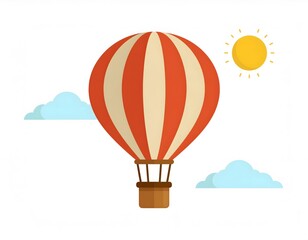 A red and white striped hot air balloon floats in a blue sky with fluffy clouds and a bright yellow sun.