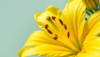 Fototapeta premium pretty yellow lily with brown pollen close up. White tone