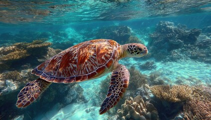 Obraz premium Sea turtle glides through coral reef