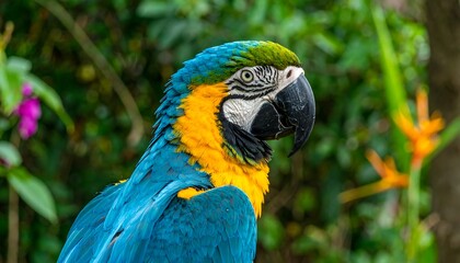 Obraz premium Close-up of vibrant blue and yellow parrot in lush green foliage