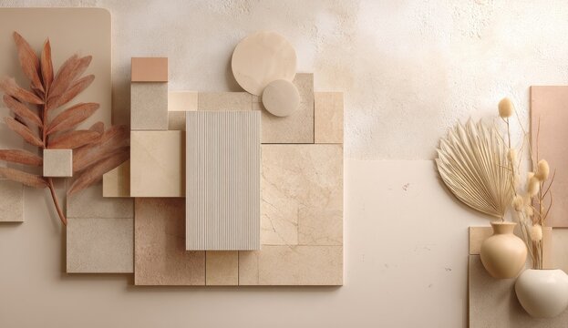 Beige and terracotta geometric shapes, leaves, and dried flowers.  A top-down view of various neutral colored rectangles, squares, and circles arranged on a light beige background.