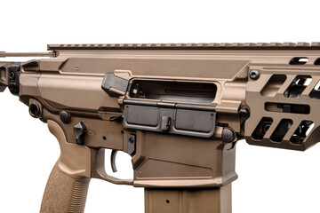 Detailed view of a modern rifle's receiver