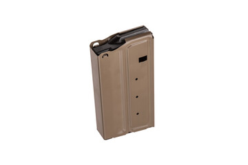 
A modern tan-colored metal rifle magazine with a sleek, minimalist design on a white back