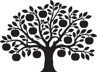 Obraz premium Black silhouette of an apple tree with fruit and leaves black and white