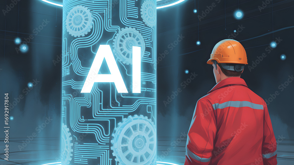 Poster ai technology: a construction worker looks on in wonder at a glowing pillar of intricate circuits em
