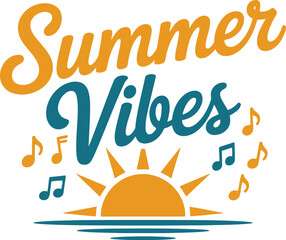 Summer Vibes Typography Design with Sun, Waves, and Notes for Seasonal Promotion