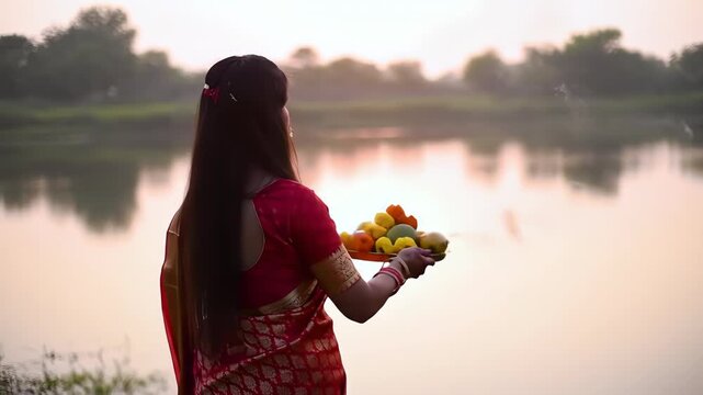 A woman in a red sari is holding a plate of offerings by the lake at sunset, celebrating the chhath puja festival with devotion and tradition chhath puja