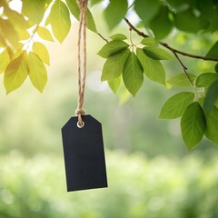 Blank black tag hanging from a tree branch with green leaves in natural sunlight, empty label for branding or message, fresh outdoor nature background with soft focus
