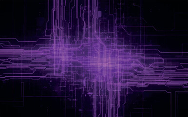 Abstract purple digital circuit board pattern with glowing lines on a dark background, representing technology and data flow