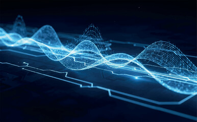 Abstract blue wave pattern with digital lines and dots, representing data visualization, sound waves, or signal transmission