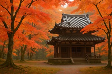 Traditional Japanese temple amid fiery autumn maple trees, soft morning mist and warm light in a quiet forest. Serene travel and nature background with cultural architecture.