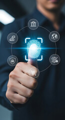Closeup of a finger touching a glowing digital fingerprint scan surrounded by icons representing banking security global commerce and online