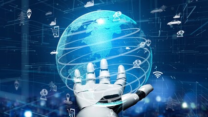 A futuristic robotic hand engages with a glowing holographic globe, symbolizing advanced technology, global connections, and digital evolution in a sleek and modern environment. Xenic
