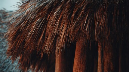 Close Up of Thatch Roof with Brown Wooden Support Beams in Warm Natural Light