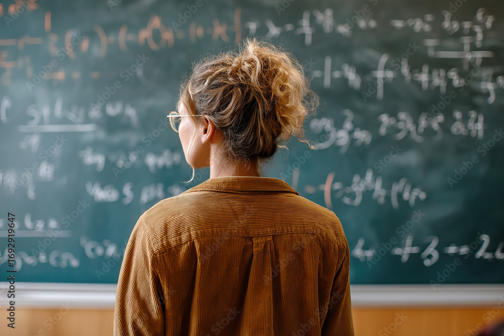 Poster focused female student studying mathematical concepts in a classroom setting