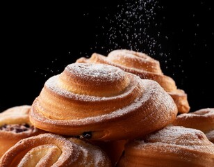 sugary pastries in a pile against a black background