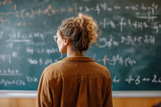 Focused female student studying mathematical concepts in a classroom setting